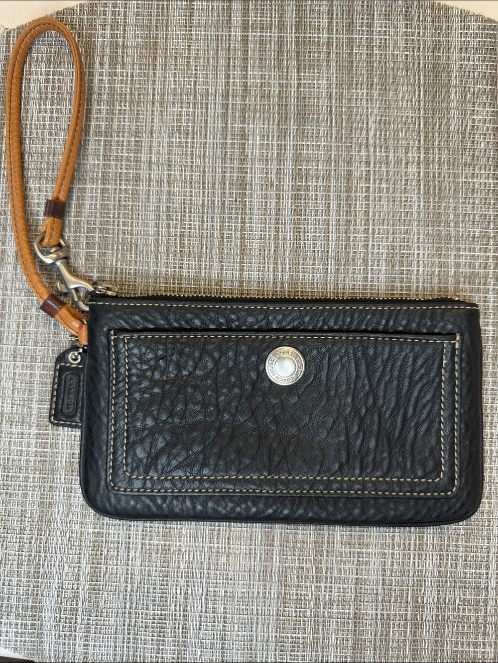 Coach Black Pebbled Leather Wristlet with Tan Strap